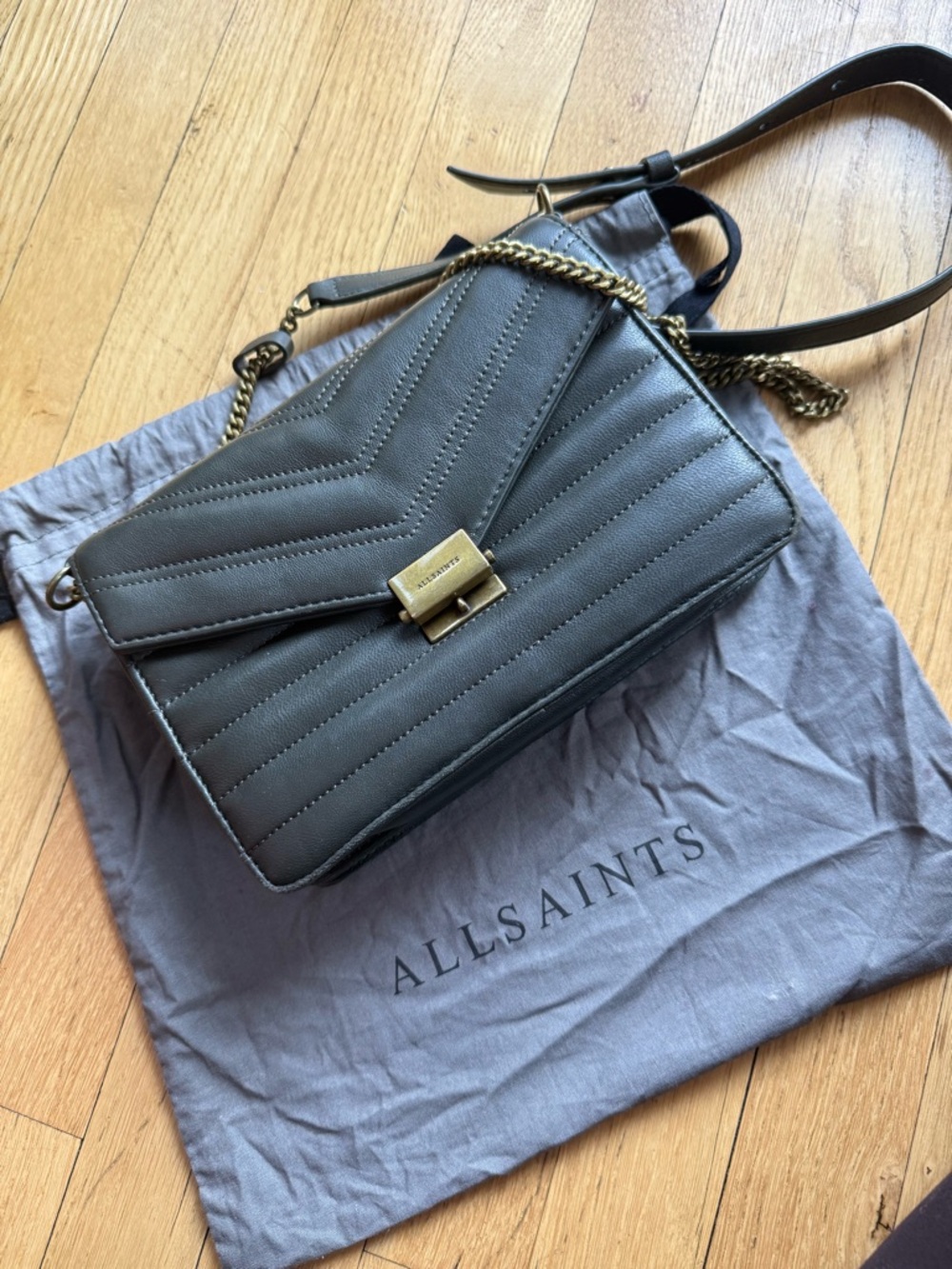 All Saints Justine Quilted Leather Shoulder Bag with Gold Hardware